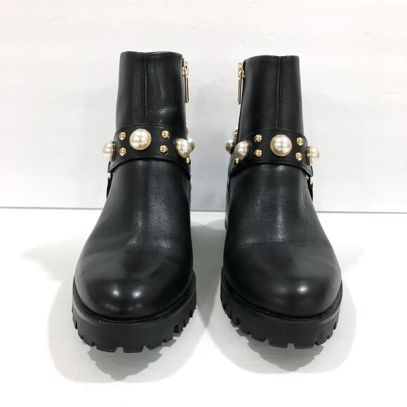 NWT Karl Lagerfeld Pixie Pearl Embellished Black Leather Moto Boots Booties - Picture 4 of 12